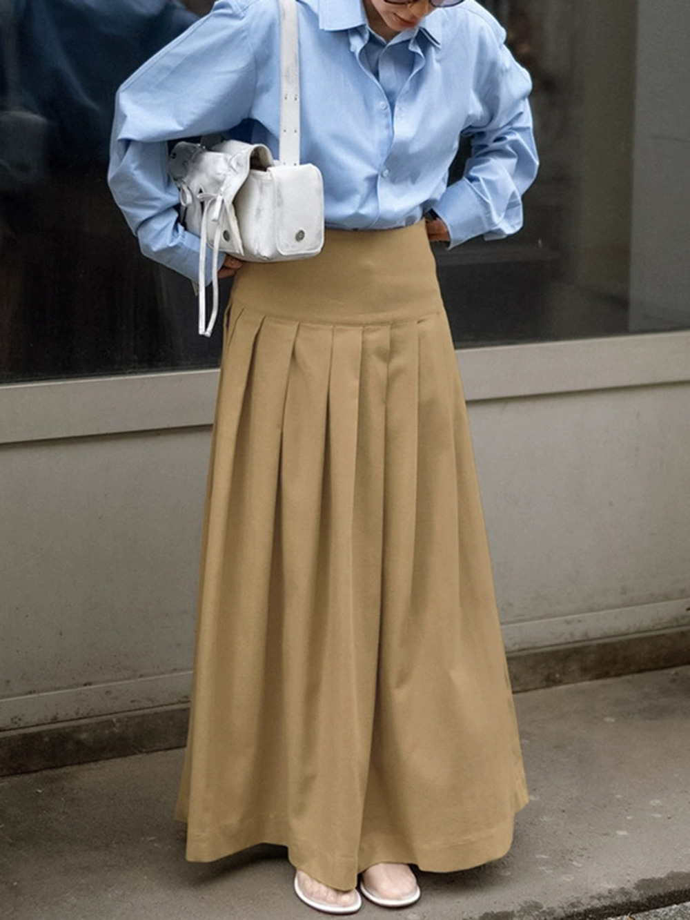 Forever 21 Pleated Skirt Spring Retro Heavy Khaki Midi